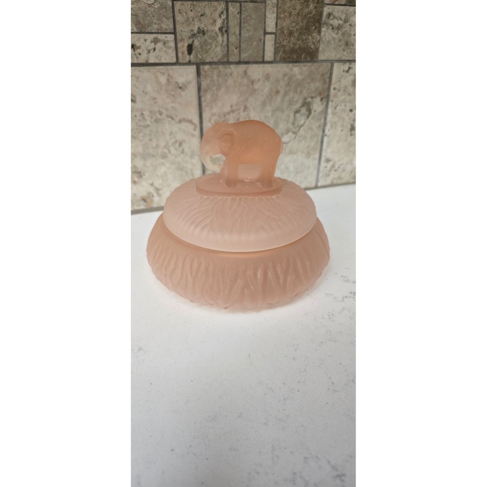 Vintage Pink Frosted Satin Art Glass Trinket Dish with Elephant Lid Finial